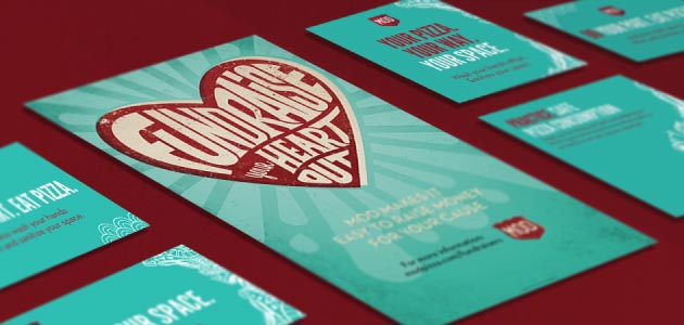 Colorful print pieces showcase a breadth of advertisements and community outreach materials for MOD Pizza.