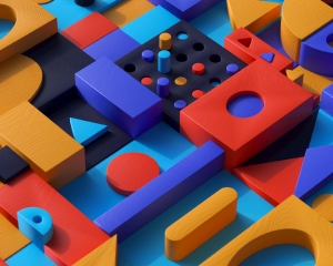 Colorful 3-D shapes fit together in what is clearly one of many configurations.